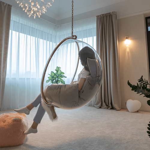 Závesné kreslo, transparentná/zlatá/sivá, BUBBLE NEW TYP 1