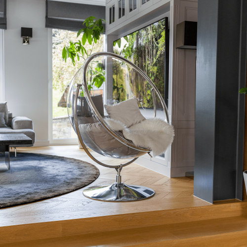 Závesné kreslo so stojanom, transparentná/strieborná/sivá, BUBBLE NEW TYP 2