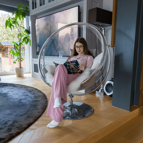 Závesné kreslo so stojanom, transparentná/strieborná/sivá, BUBBLE NEW TYP 2