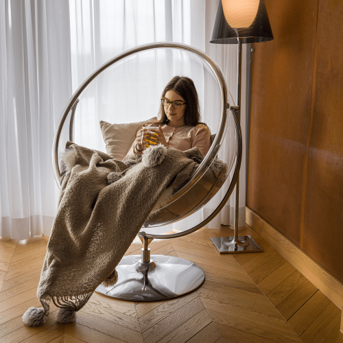 Závesné kreslo so stojanom, transparentná/strieborná/sivá, BUBBLE NEW TYP 2