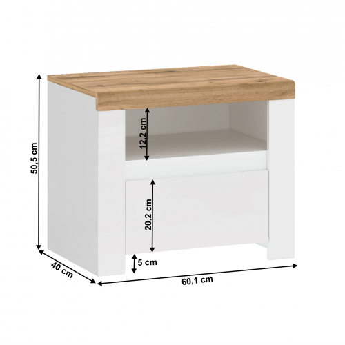 Nočný stolík 1S, biely lesk/dub wotan, VILGO