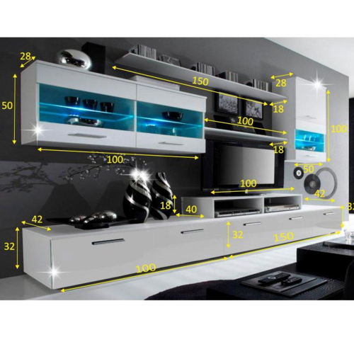 Obývacia stena, biela/biela extra vysoký lesk HG, LEO