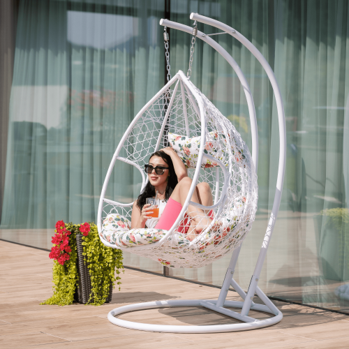 Závesné dvojkreslo, biela/vzor kvety, DALVEA 2 NEW