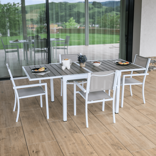 Záhradný rozkladací stôl, biela oceľ/sivá, DORIO