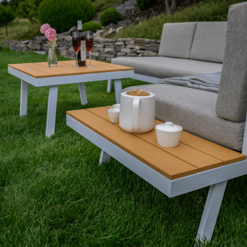 Záhradný set, biela oceľ/dub/svetlosivá, PELOR