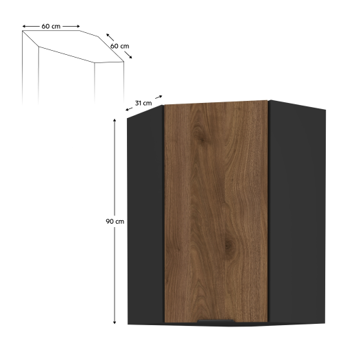 Horná rohová skrinka, orech okapi/čierna, MENZO 60x60 GN-90 1F Horná rohová skrinka, orech okapi/čierna, MENZO 60x60 GN-90 1F