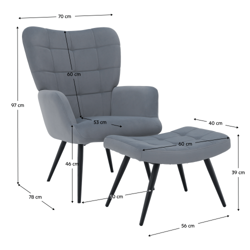 Kreslo s podnožou, sivá Velvet látka/čierna, HABEN Kreslo s podnožou, sivá Velvet látka/čierna, HABEN