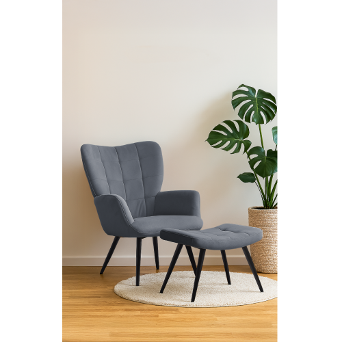 Kreslo s podnožou, sivá Velvet látka/čierna, HABEN Kreslo s podnožou, sivá Velvet látka/čierna, HABEN