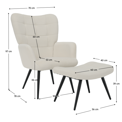 Kreslo s podnožou, biela Velvet látka/čierna, HABEN