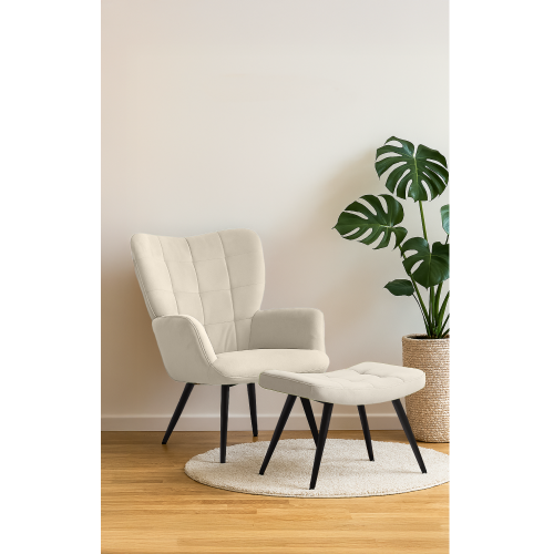 Kreslo s podnožou, biela Velvet látka/čierna, HABEN