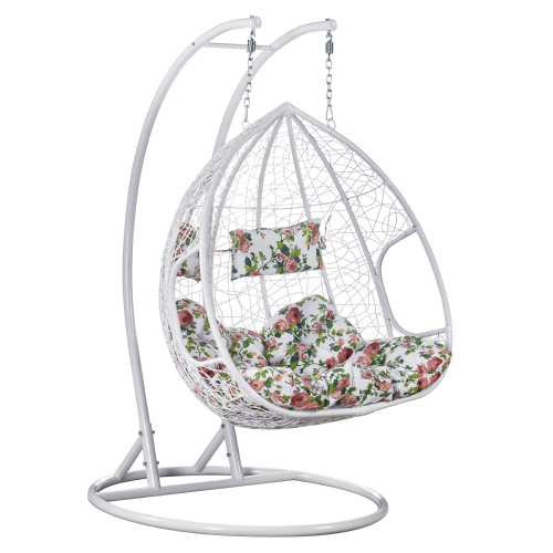 Závesné dvojkreslo, biela/vzor kvety, DELIA