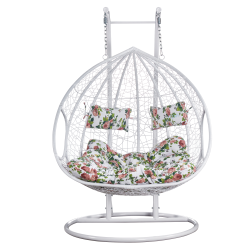 Závesné dvojkreslo, biela/vzor kvety, DELIA