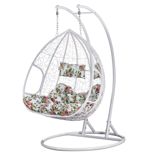 Závesné dvojkreslo, biela/vzor kvety, DELIA