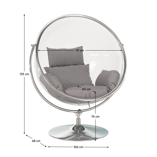 Závesné kreslo so stojanom, transparentná/strieborná/sivá, BUBBLE NEW TYP 2