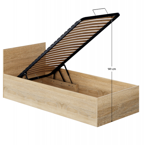 Posteľ s kovovým roštom a úložným priestorom, 90x200, dub sonoma, DOLI