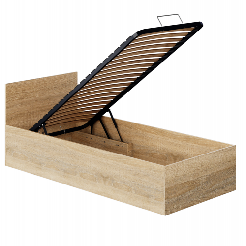 Posteľ s kovovým roštom a úložným priestorom, 90x200, dub sonoma, DOLI