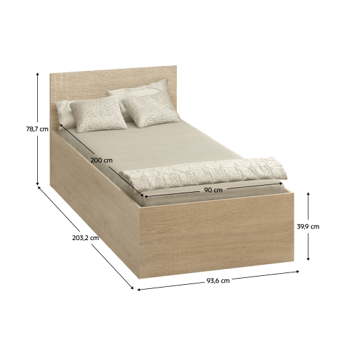 Posteľ s kovovým roštom a úložným priestorom, 90x200, dub sonoma, DOLI