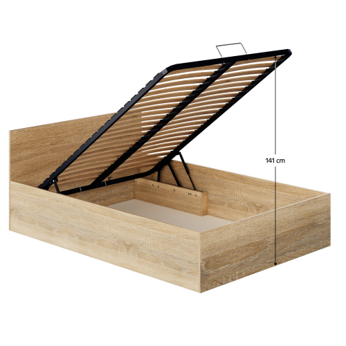 Posteľ s kovovým roštom a úložným priestorom, 140x200, dub sonoma, DOLI