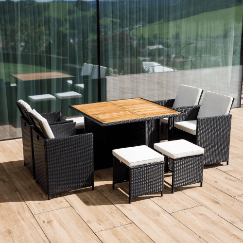 Záhradný ratanový set, akáciové drevo, čierna/krémová/prírodná, MELFORD