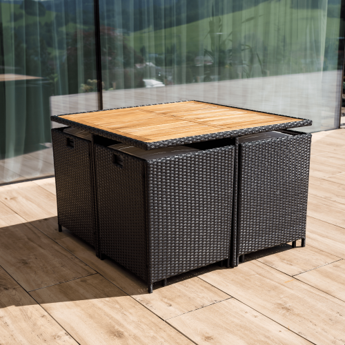 Záhradný ratanový set, akáciové drevo, čierna/krémová/prírodná, MELFORD