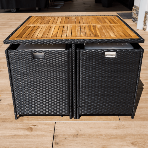 Záhradný ratanový set, akáciové drevo, čierna/krémová/prírodná, MELFORD