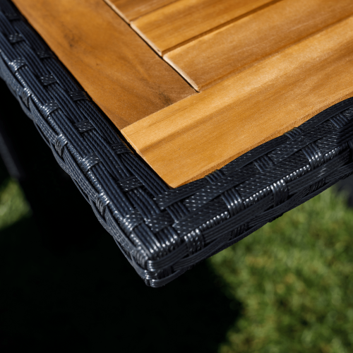 Záhradný ratanový set, akáciové drevo, čierna/krémová/prírodná, MELFORD