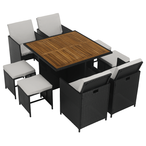 Záhradný ratanový set, akáciové drevo, čierna/krémová/prírodná, MELFORD