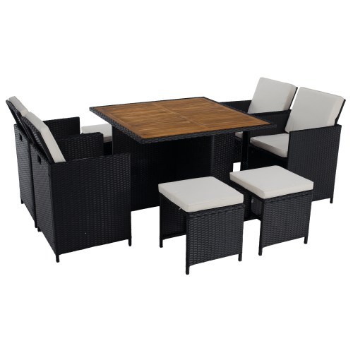 Záhradný ratanový set, akáciové drevo, čierna/krémová/prírodná, MELFORD