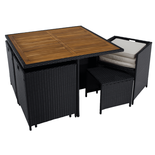 Záhradný ratanový set, akáciové drevo, čierna/krémová/prírodná, MELFORD