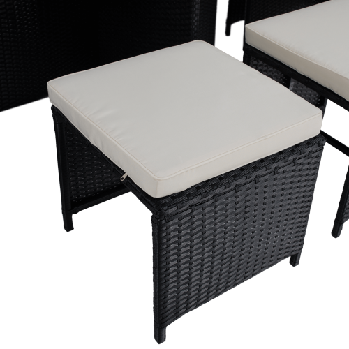 Záhradný ratanový set, akáciové drevo, čierna/krémová/prírodná, MELFORD