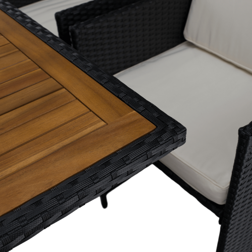 Záhradný ratanový set, akáciové drevo, čierna/krémová/prírodná, MELFORD