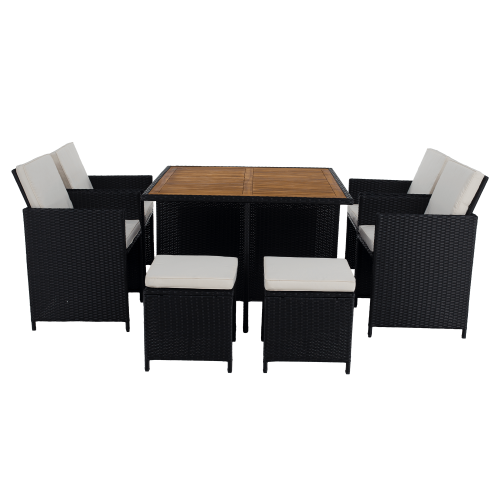 Záhradný ratanový set, akáciové drevo, čierna/krémová/prírodná, MELFORD