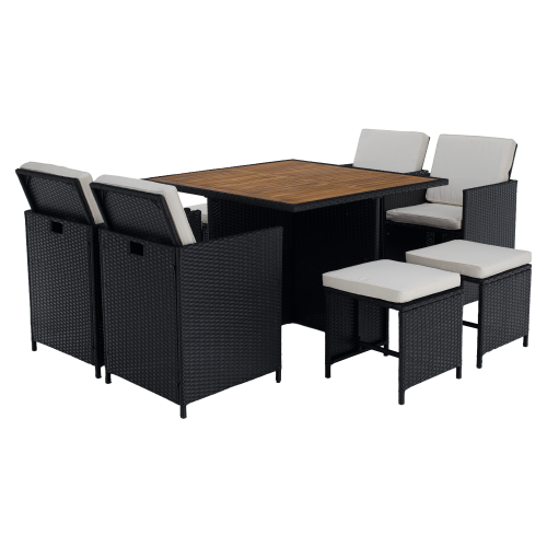 Záhradný ratanový set, akáciové drevo, čierna/krémová/prírodná, MELFORD