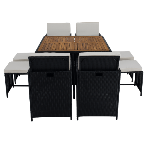 Záhradný ratanový set, akáciové drevo, čierna/krémová/prírodná, MELFORD