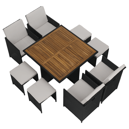 Záhradný ratanový set, akáciové drevo, čierna/krémová/prírodná, MELFORD