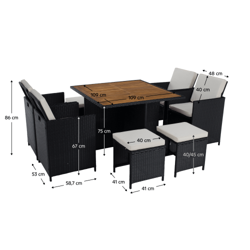 Záhradný ratanový set, akáciové drevo, čierna/krémová/prírodná, MELFORD
