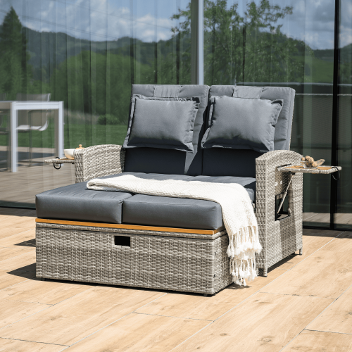 Záhradná ratanová pohovka, sivá/prírodná, MALORY