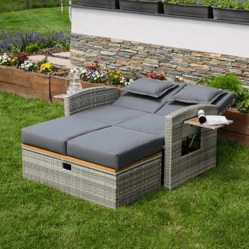 Záhradná ratanová pohovka, sivá/prírodná, MALORY