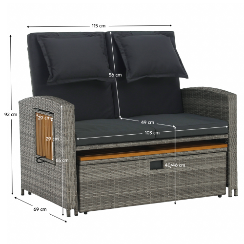 Záhradná ratanová pohovka, sivá/prírodná, MALORY