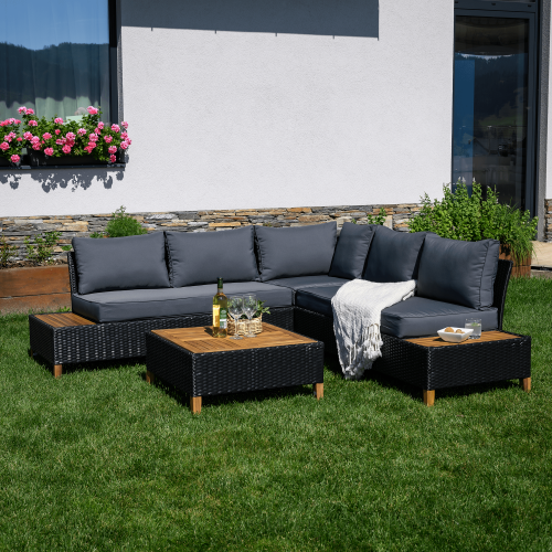 Záhradný ratanový set, akáciové drevo, čierna/sivá/prírodná, MALKOM