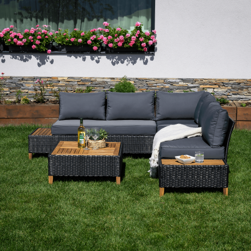 Záhradný ratanový set, akáciové drevo, čierna/sivá/prírodná, MALKOM