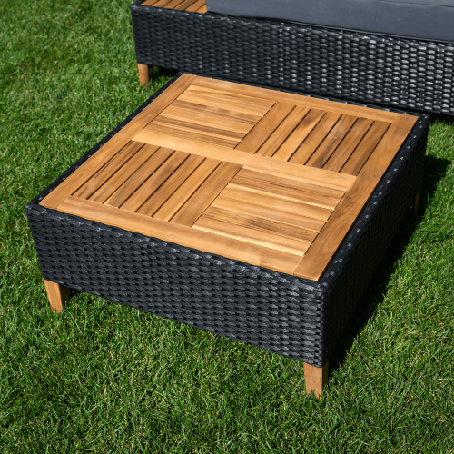 Záhradný ratanový set, akáciové drevo, čierna/sivá/prírodná, MALKOM