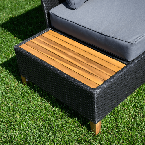 Záhradný ratanový set, akáciové drevo, čierna/sivá/prírodná, MALKOM