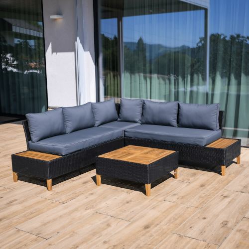 Záhradný ratanový set, akáciové drevo, čierna/sivá/prírodná, MALKOM