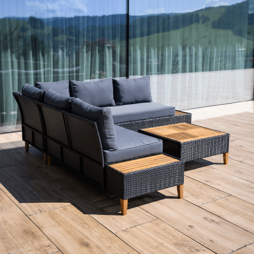 Záhradný ratanový set, akáciové drevo, čierna/sivá/prírodná, MALKOM