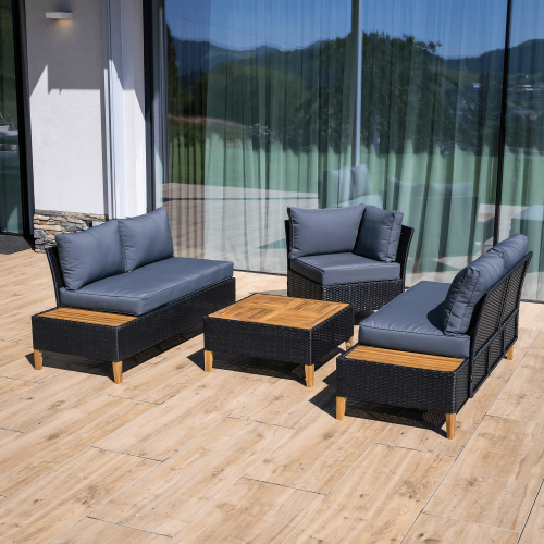 Záhradný ratanový set, akáciové drevo, čierna/sivá/prírodná, MALKOM