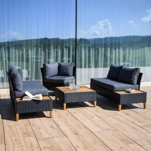 Záhradný ratanový set, akáciové drevo, čierna/sivá/prírodná, MALKOM