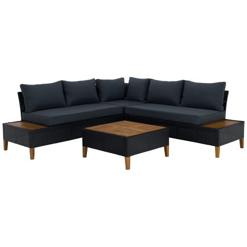 Záhradný ratanový set, akáciové drevo, čierna/sivá/prírodná, MALKOM