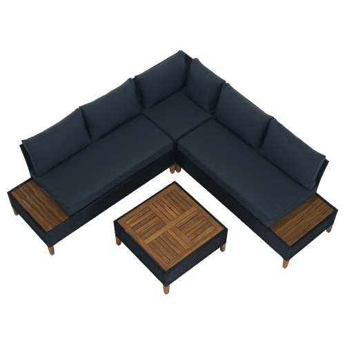 Záhradný ratanový set, akáciové drevo, čierna/sivá/prírodná, MALKOM