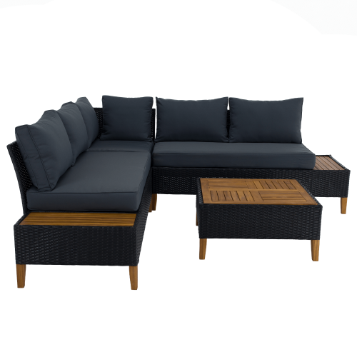 Záhradný ratanový set, akáciové drevo, čierna/sivá/prírodná, MALKOM